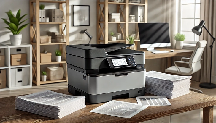 A printer on a desk beside several stacks of printed documents