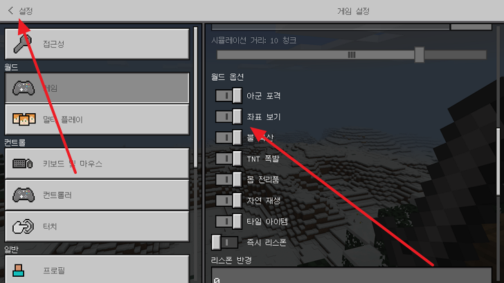 게임 설정의 월드 옵션에서 좌표 보기 스위치를 찾는 이전 버전 화면
