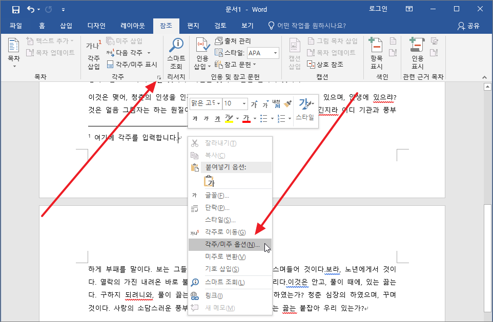 각주 및 미주 설정 대화 상자를 여는 화면