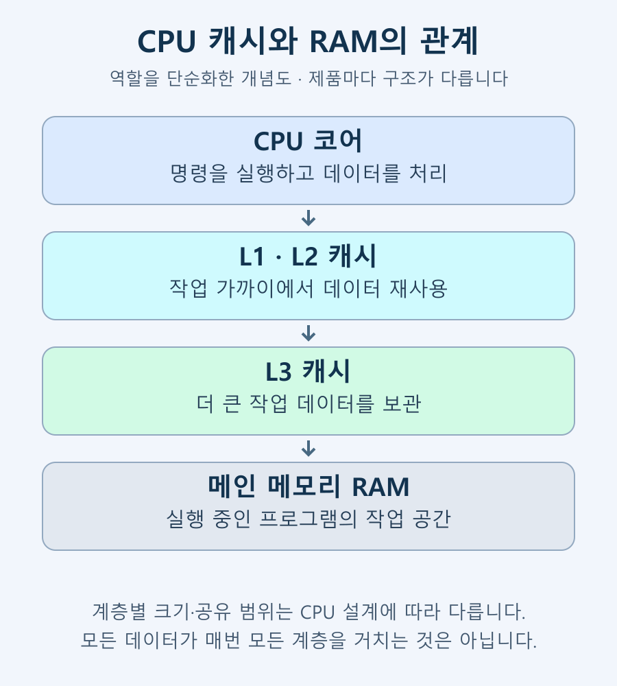 CPU의 캐시 계층과 RAM의 관계를 단순화한 도해