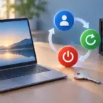 Immagine che rappresenta utenti, simboli di riavvio e di alimentazione tra un computer e un server.