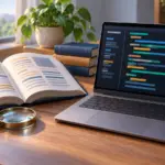 Una imagen que muestra un libro de manual y una lupa junto con la pantalla del terminal