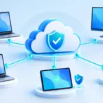 云管理中心连接电脑、平板电脑、手机与安全保护的设备管理概念图