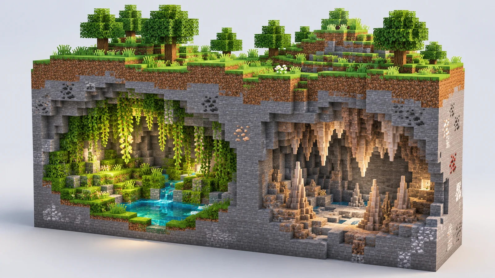 Block terrain cutaway showing a surface forest above a vegetation-rich cave and a dripstone cave