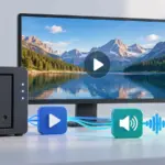 NAS device and video playback screen, speakers, and audio waveform