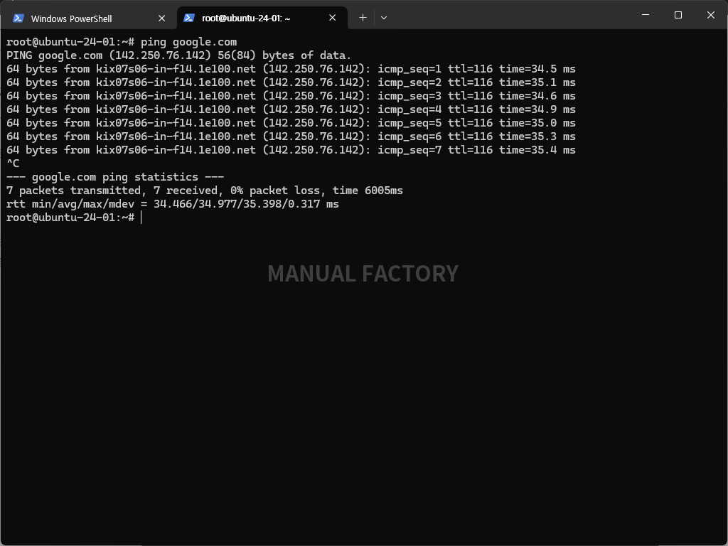 Ubuntu terminal showing ping replies from google.com and packet-loss and round-trip statistics after stopping with Ctrl+C.
