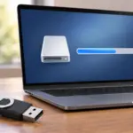 Imagem mostrando um pendrive ao lado de um laptop com display de gravação na tela