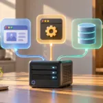 Server connected to icons representing a web page, program execution, and a database
