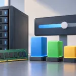 Servidor, módulo de memoria y controles que representan la asignación de memoria