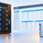 Diagram yang menggambarkan server dan antarmuka manajemen database, dengan gembok yang mewakili database yang aman