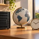 Servidor y globo junto a dos relojes con distintas horas locales